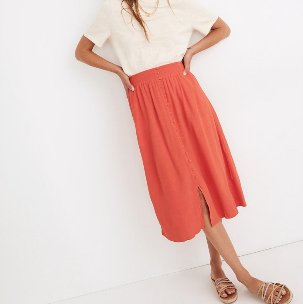 Madewell Smocked-Waist Button-Front Midis Skirt Orange  Size S